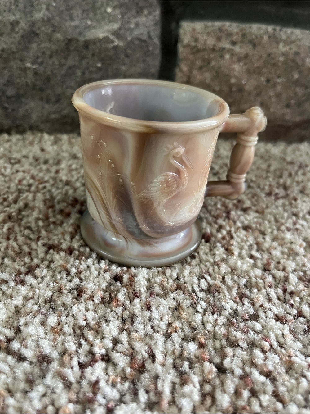 Boyd brown slag glass peacock and heron child’s mug or toothpick holder